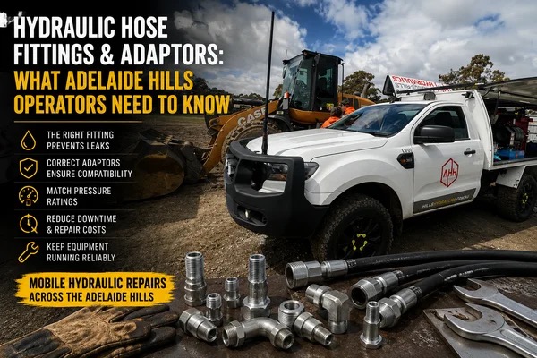 Hydraulic hose fittings laid out on dirt with a service truck behind