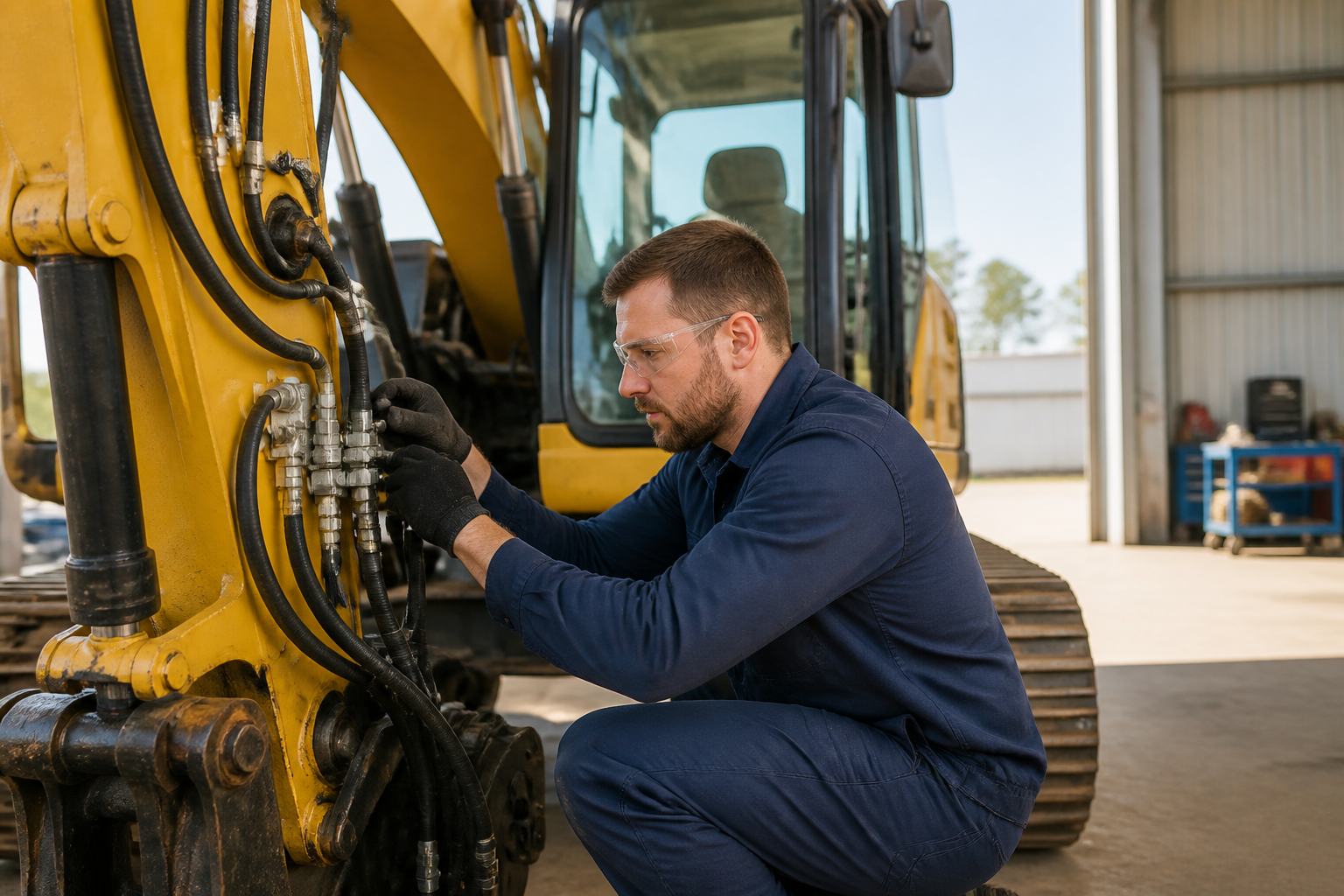 Hydraulic technician inspecting hose connections on a yellow excavator in a workshop